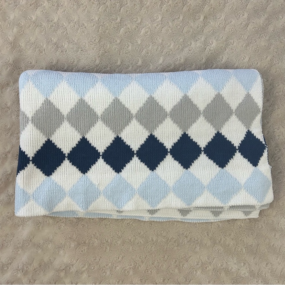 Nordstrom Baby Diamond Argyle Print Baby Blanket Blue White Gray Soft Knit